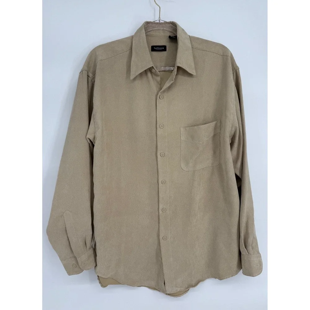Van Heusen Mens Tan Soft Suede Button Down Shirt Long Sleeve Sz M 15-15.5